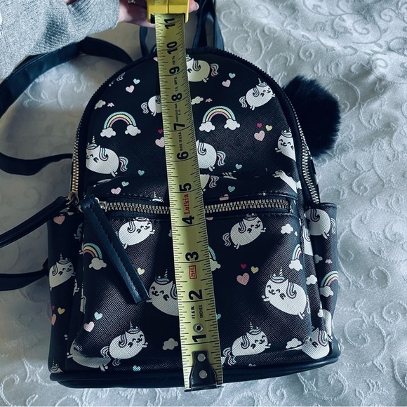 Unicorn And Rainbows Mini Vinyl Backpack Purse Bookbag With Pom Pom - Picture 7 of 10